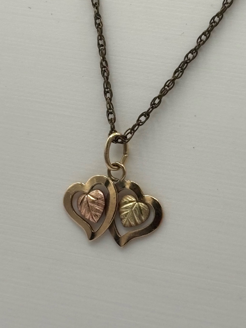 Black Hills Gold Double Heart Pendant Necklace 10K 12k Leaf 14K GF Chain 20"